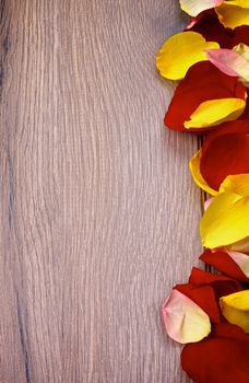 Vertical Border of Red, Pink and Yellow Rose Petals closeup on Wooden background