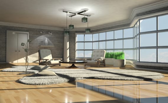 3d illustration of a bright interior with large window