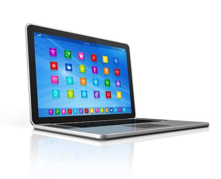 3D Laptop Computer - apps icons interface - isolated on white with clipping path