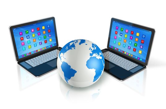 3D Laptop Computers around World Globe - apps icons interface - isolated on white