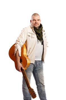 The man with a guitar on a white background