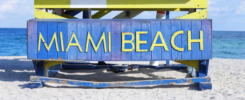 Famous sign on the beach in Miami, state Florida USA 