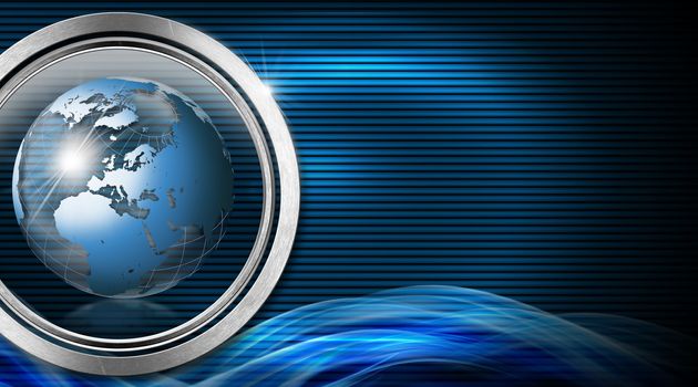 Blue and black corrugated abstract background with metal circle and blue world globe
