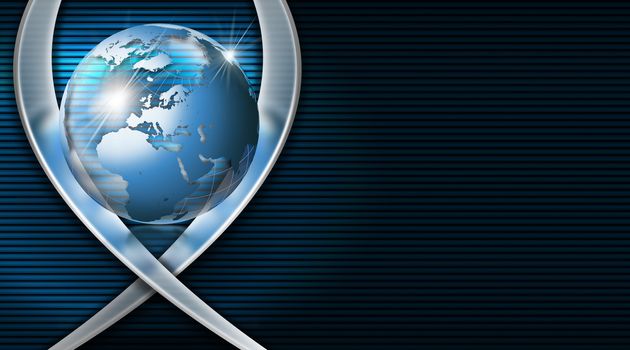 Blue and black corrugated abstract background with metal curves and blue world globe