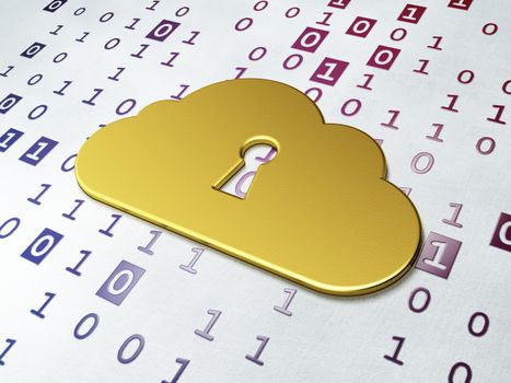 Cloud technology concept: Golden Cloud With Keyhole on Binary Code background, 3d render