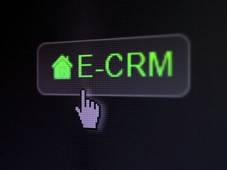 Finance concept: pixelated words E-CRM and Home icon on button withHand cursor on digital computer screen background, selected focus 3d render