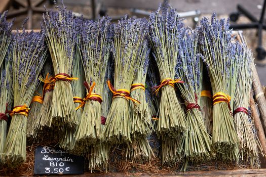 Bouquets of dry lavender or lavandin blossoms for sale on the market of Aix en Provence, France