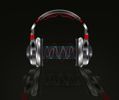 Realistic headphones with music waves.  Illustration on a black background.