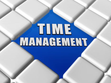 time management - 3d letters over blue between grey boxes keyboard, business organization concept words