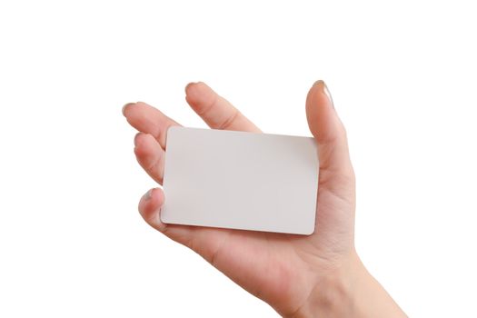 The hand holding a business card isolated