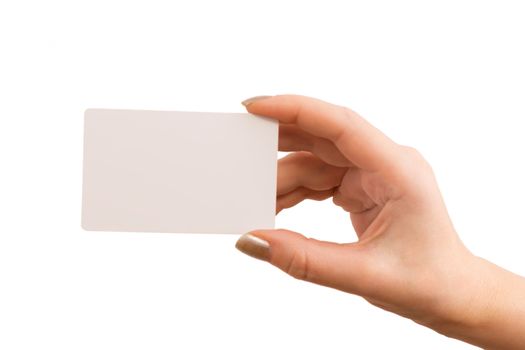 The hand holding a business card isolated