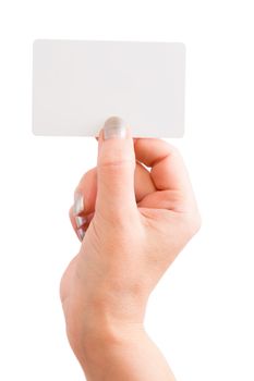 The hand holding a business card isolated