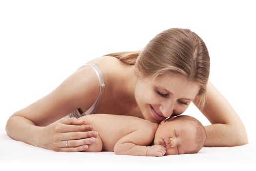 Portrait of young mother and newborn son over white background