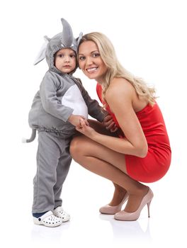 Elegant mom and baby dress as elephant over white background