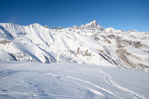 Ski touring tracks (back country ski tracks) in majestic high mountain scenery, italian Alps