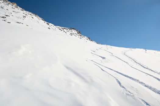 Ski touring tracks (back country ski tracks) in majestic high mountain scenery, italian Alps