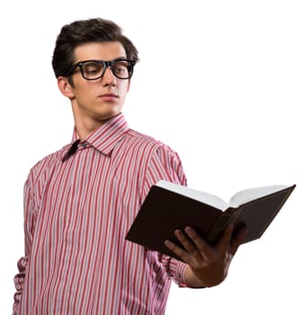 young man with glasses reading a book Surprised