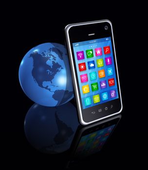 3D Smartphone with apps icons And World Globe isolated on black