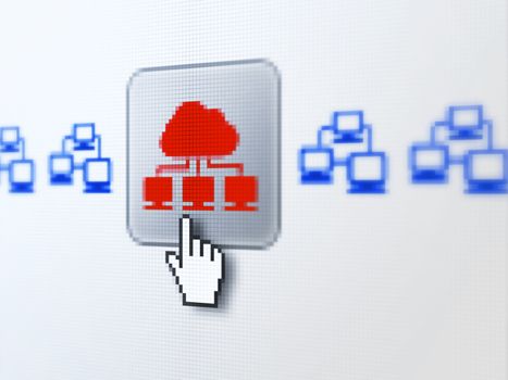 Cloud technology concept: pixelated Cloud Technology icon on button with Hand cursor on digital computer screen, selected focus 3d render