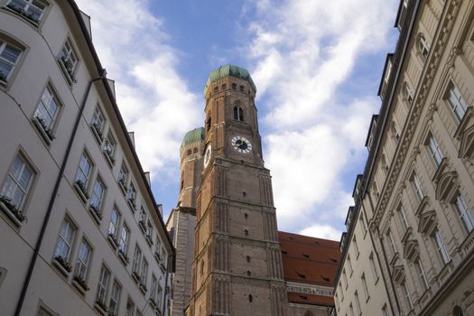 bottom view to the famous Cathedral of Our Dear Lady in Munich city center. This Church was opened in 1494.