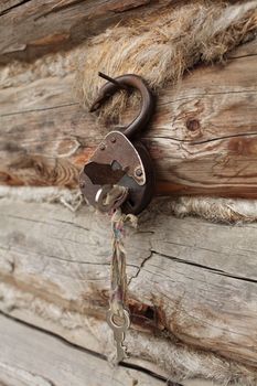 padlocked with key on the log wall