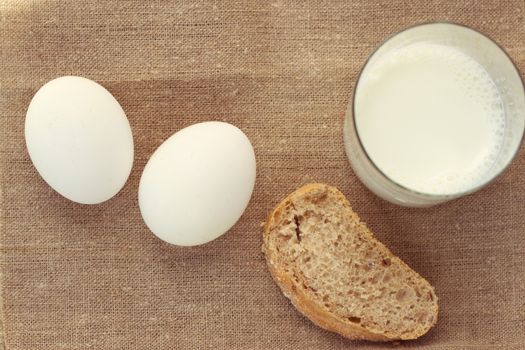 still life with Fresh bread and egg, milk