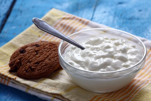 Homemade yogurt in a glass bowl and spoon