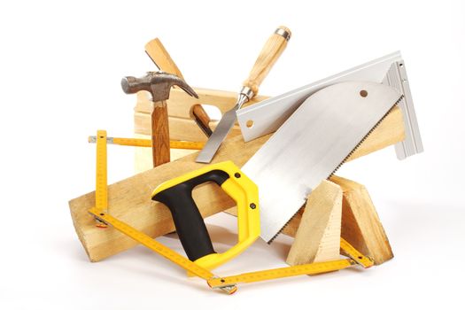 carpenter's tools close up on white background