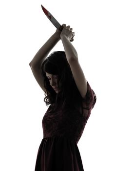 one caucasian strange young woman killer holding bloody knife in silhouette white background
