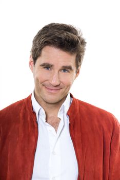 one caucasian man mature handsome portrait blue eyes smiling portrait studio white background