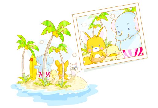 funny animals elephant,chicks and squirrel cartoon on the beach