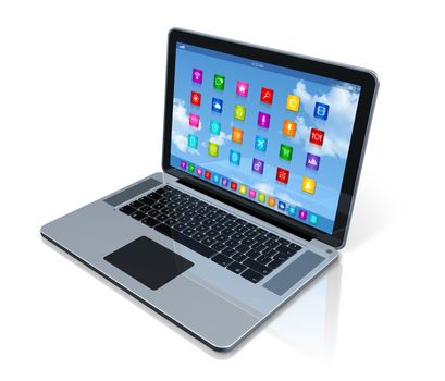 3D Laptop Computer - apps icons interface - isolated on white with clipping path