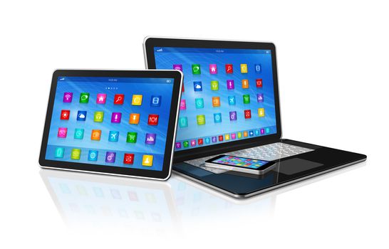 3D Smartphone, Digital Tablet Computer and Laptop isolated on white with clipping path