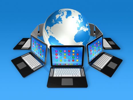 3D Laptop Computers around World Globe - apps icons interface - isolated on blue