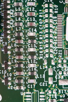 Close-up photo of electronic circuit board with integrated microchips