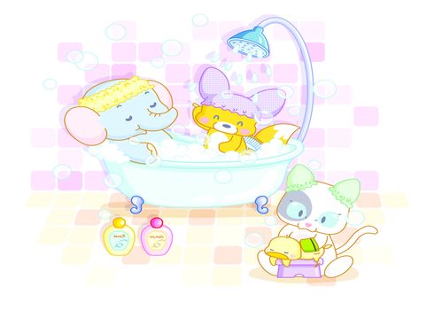 funny animals elephant,squirrel and cat in the bathroom