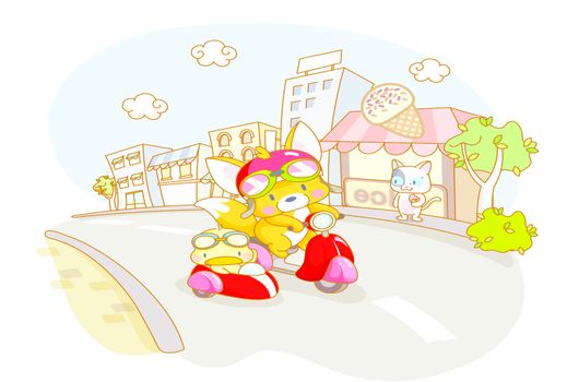 cartoon animals squirrel and chicks riding motorcycle