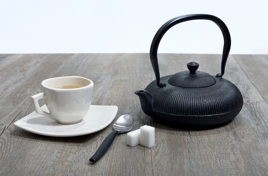 cup of tea with a teapot black
