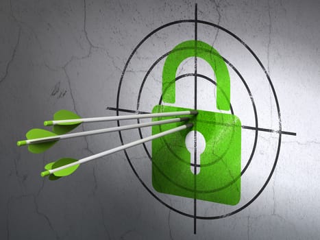 Success security concept: arrows hitting the center of Green Closed Padlock target on wall background, 3d render