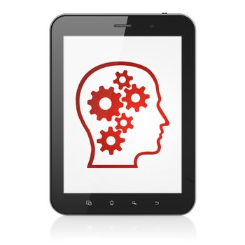 Marketing concept: black tablet pc computer with Head With Gears icon on display. Modern portable touch pad on White background, 3d render