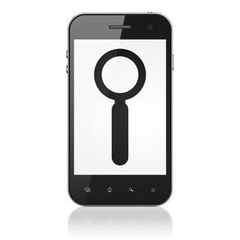 Web development concept: smartphone with Search icon on display. Mobile smart phone on White background, cell phone 3d render