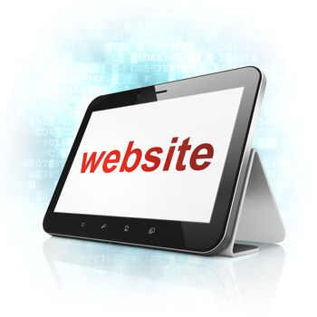 Web development concept: black tablet pc computer with text Website on display. Modern portable touch pad on Blue Digital background, 3d render