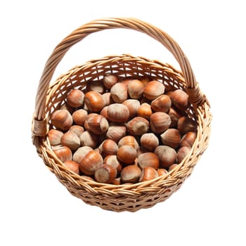 Hazel nuts in a basket on a white background