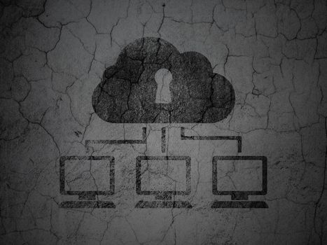 Privacy concept: Black Cloud Network on grunge textured concrete wall background, 3d render