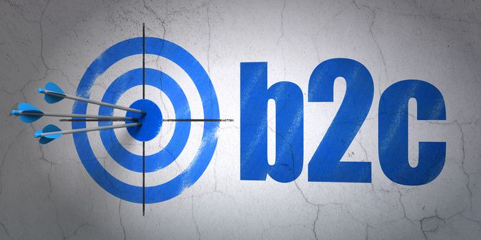 Success business concept: arrows hitting the center of target, Blue B2c on wall background, 3d render