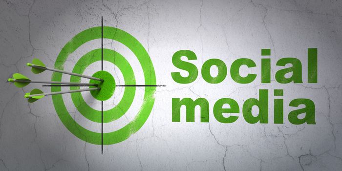 Success social media concept: arrows hitting the center of target, Green Social Media on wall background, 3d render