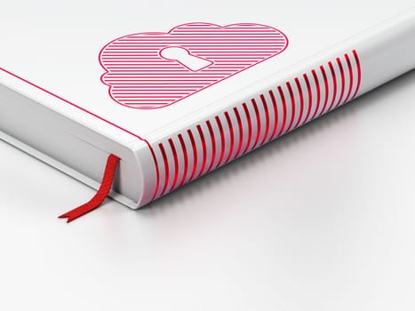 Cloud computing concept: closed book with Red Cloud With Keyhole icon on floor, white background, 3d render