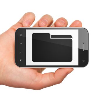 Finance concept: hand holding smartphone with Folder on display. Mobile smart phone on White background, 3d render