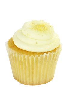 Isolated yellow lemon cupcake over white background with clipping path included.