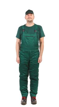 frontal Man in green  overalls on a white background